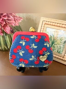 GAP-“Am I the Cutest or What?? Blue with Cherry Print Coin Purse with Red Trim